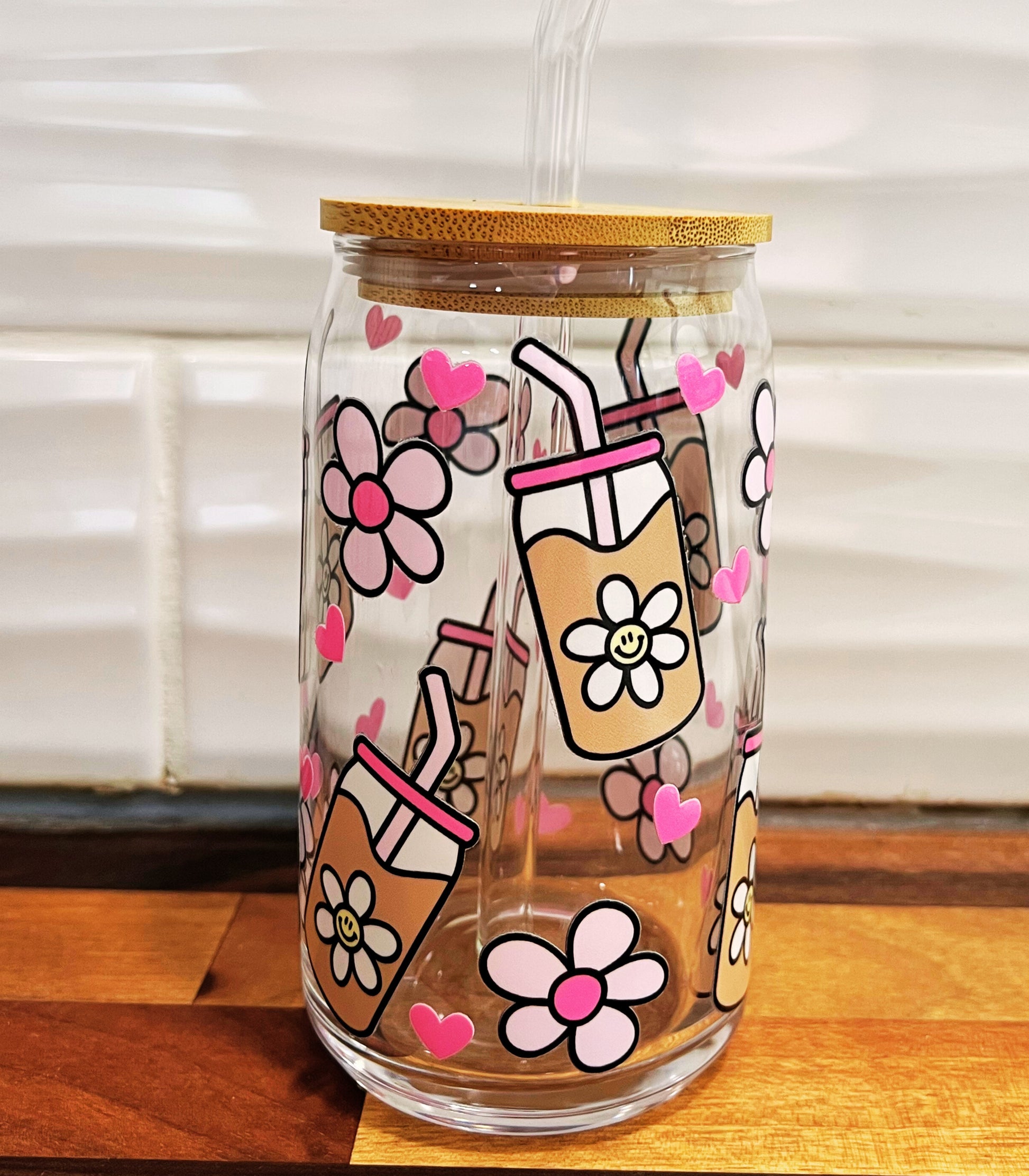 Bloom and Brew Glass Tumbler with Lid and Straw