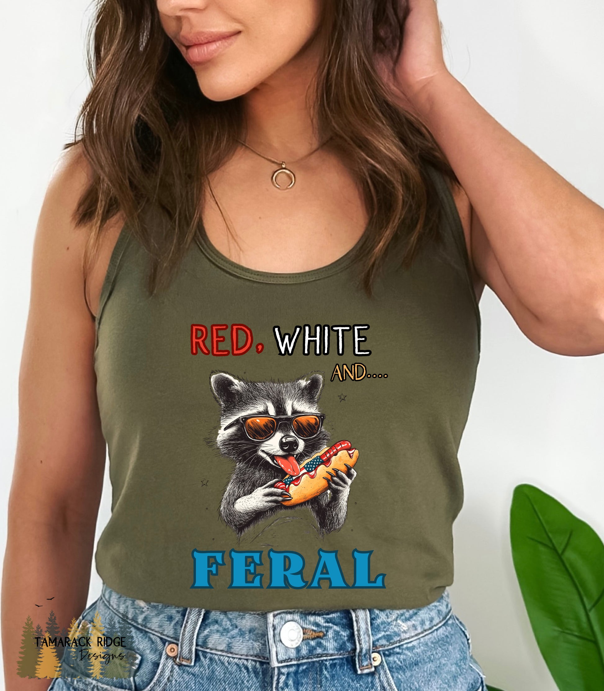 Red White and Feral Funny Raccoon 4th of July Tank Top