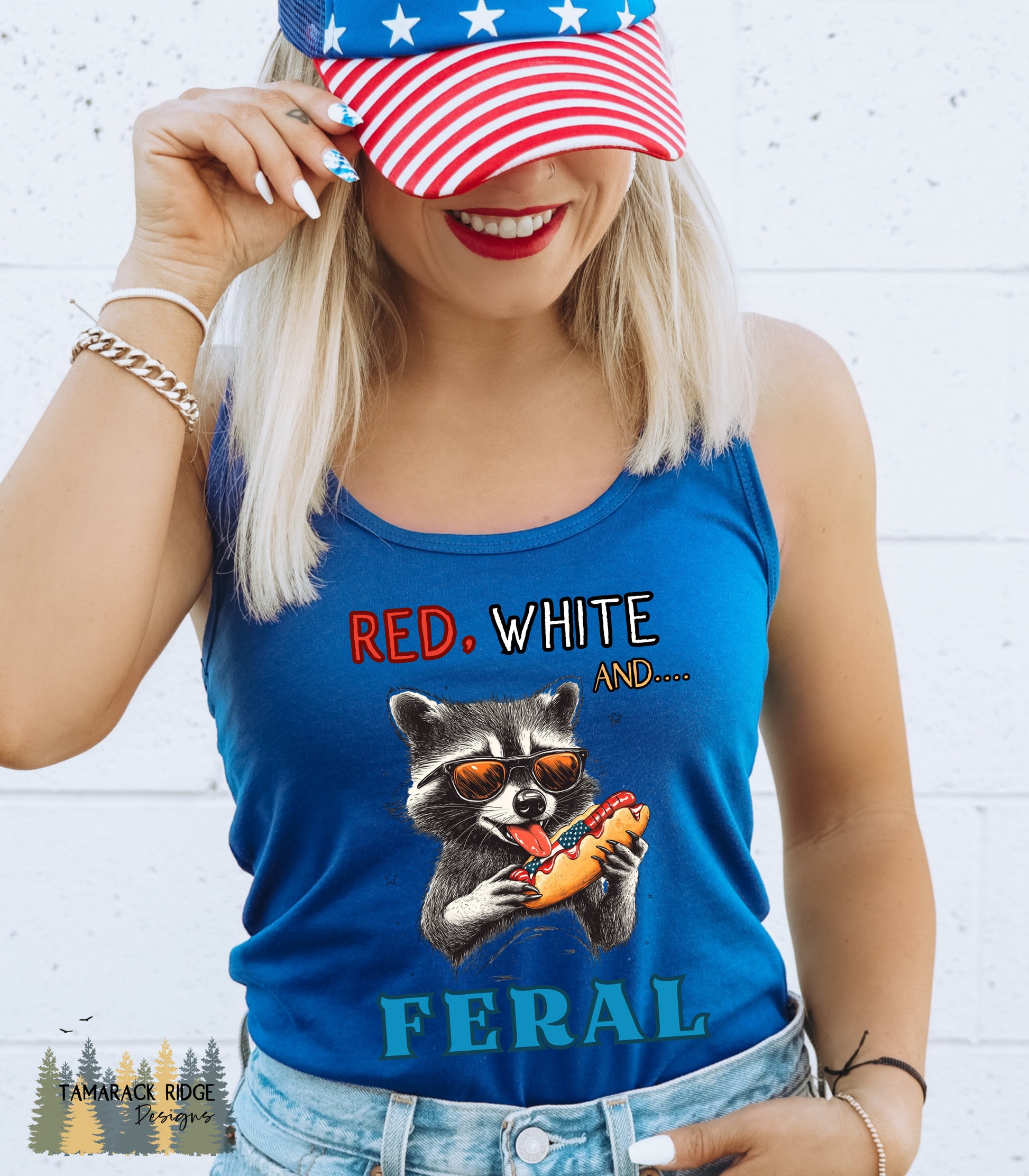 Red White and Feral Funny Raccoon 4th of July Tank Top