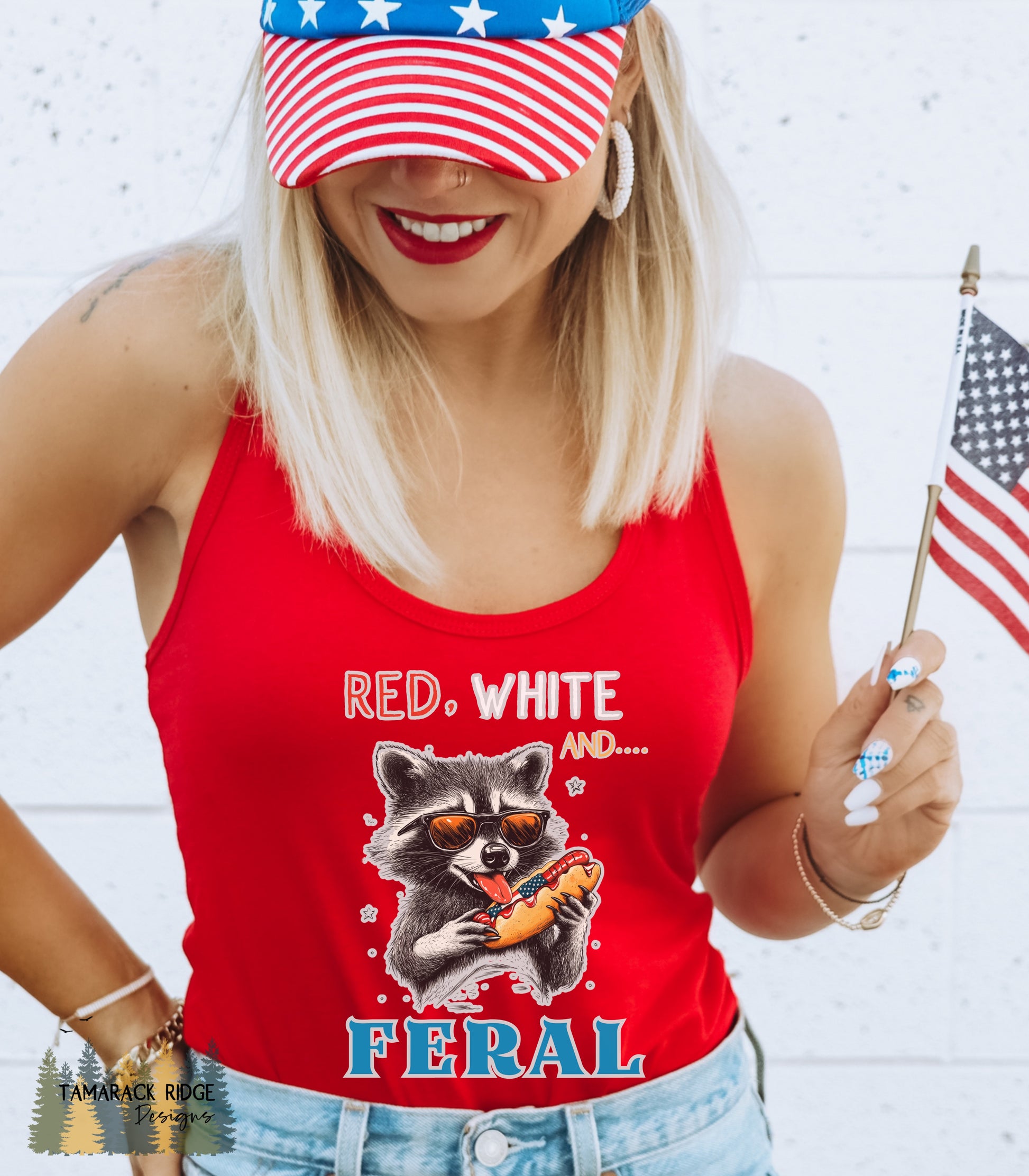 Red White and Feral Funny Raccoon 4th of July Tank Top