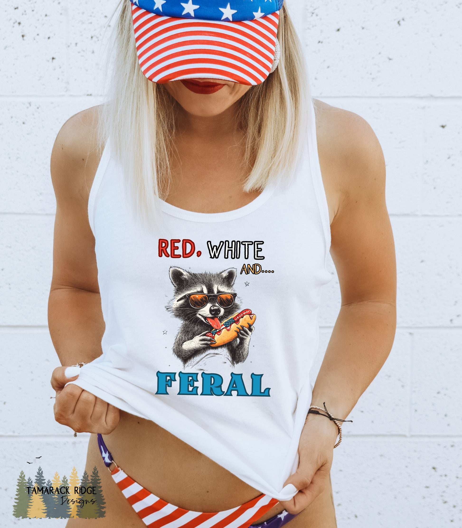 Red White and Feral Funny Raccoon 4th of July Tank Top