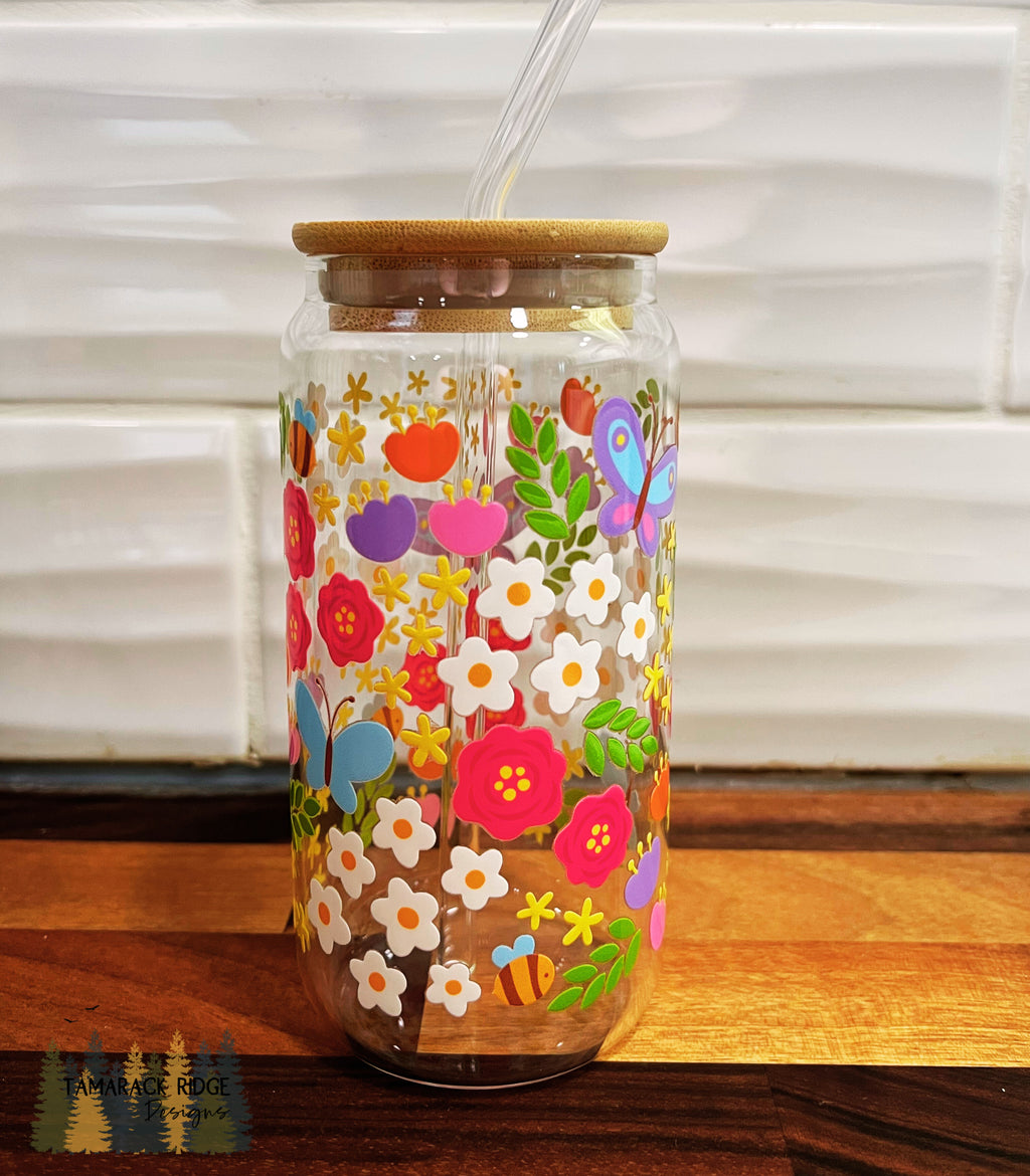 Petal Party Glass Tumbler with Lid and Straw