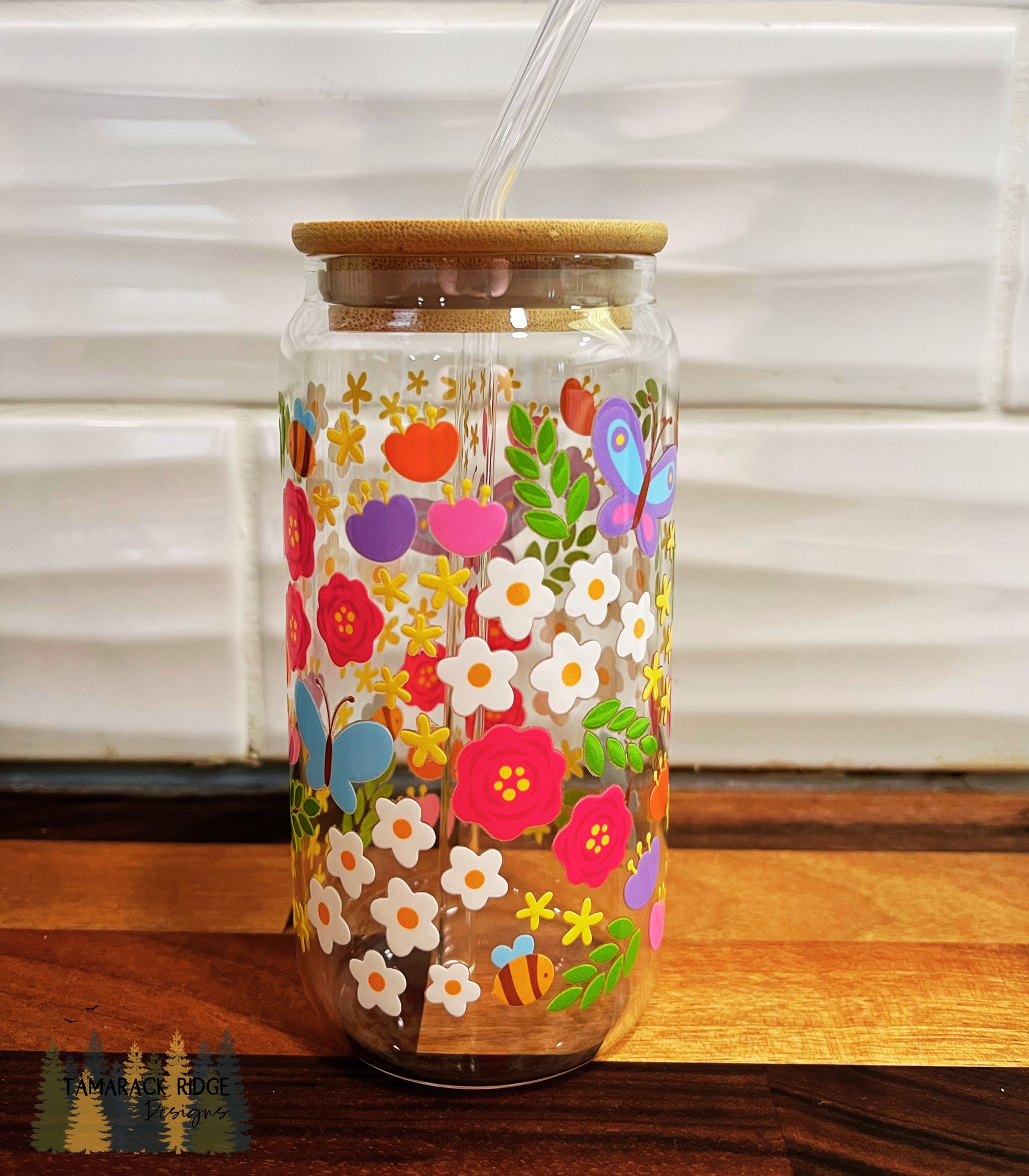 Petal Party Glass Tumbler with Lid and Straw